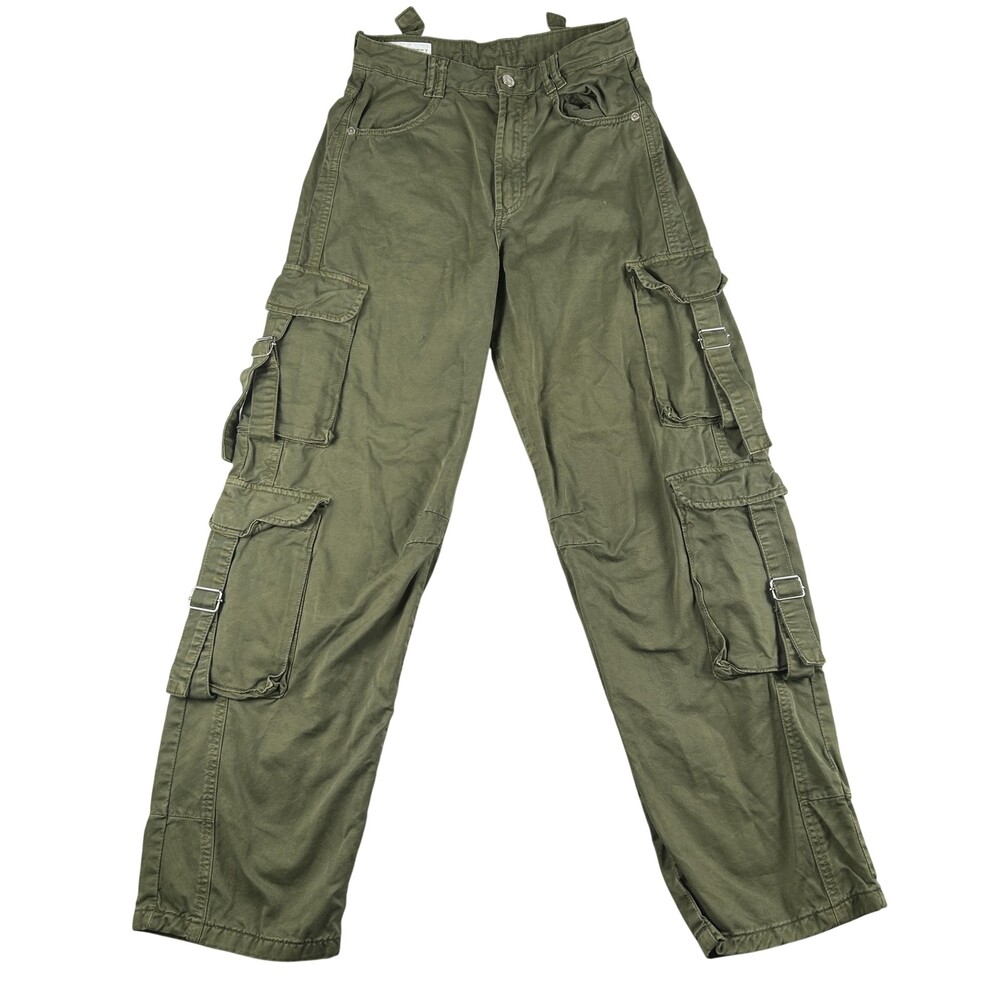 Zara Cargo Pants Womens 2 Baggy Adjustable Waist Belted Twill Utility Pockets